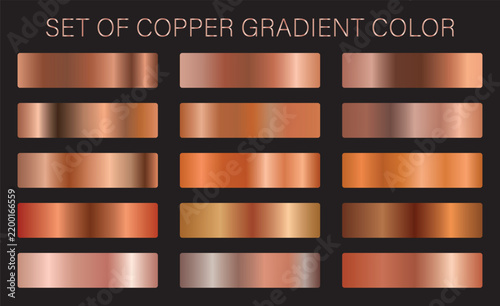 Copper and rose gold gradient swatch set. Blush, bronze, amber, mauve, crimson foil shades. Glossy horizontal bands, light to dark. For badge, label, ribbon, banner. Vector metallic texture palette.