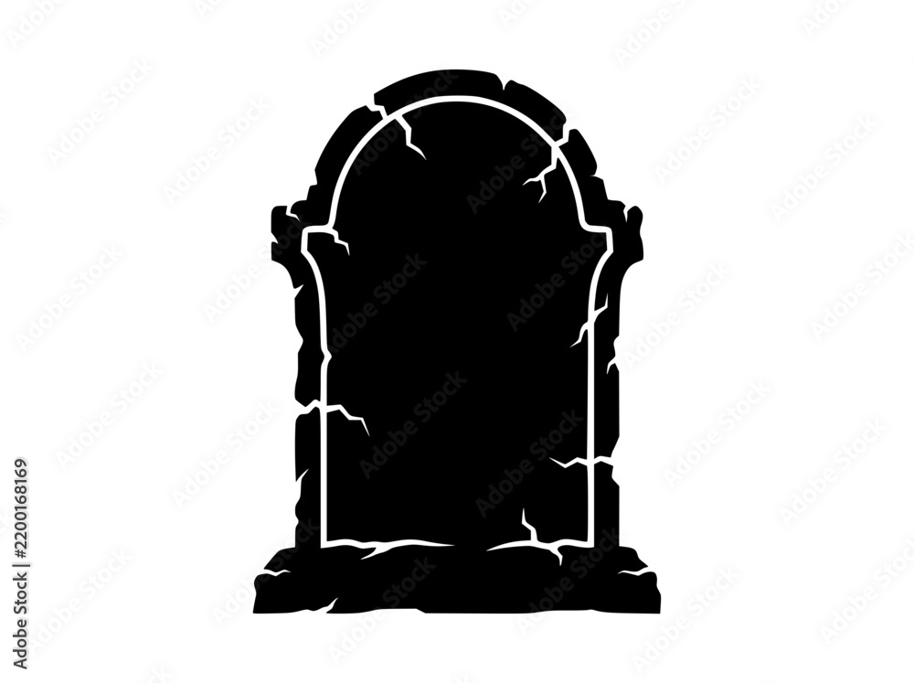 Fototapeta premium Black silhouette vector illustration of a weathered and cracked tombstone headstone for halloween with tombstone