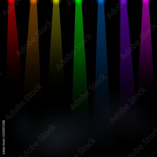 Seven vibrant colorful stage spotlights beams isolated on transparent background