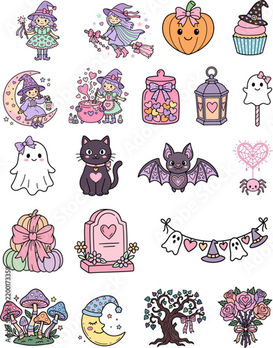 Cute pastel Halloween kawaii witch and spooky icons set