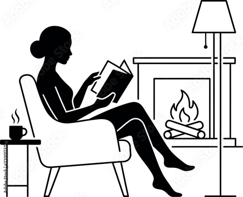 silhouette of a woman relaxing in an armchair while reading a book by the fireplace