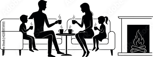 Vector illustration of a happy family drinking hot drinks together by the fireplace in living room
