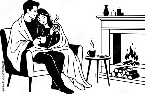 Cozy couple sitting together in an armchair near a warm fireplace during winter evening