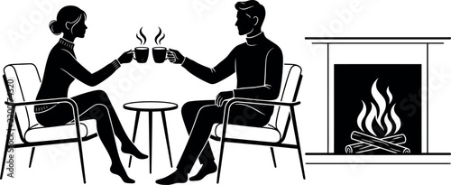 Cozy couple sitting in armchairs by a warm fireplace enjoying hot drinks in winter
