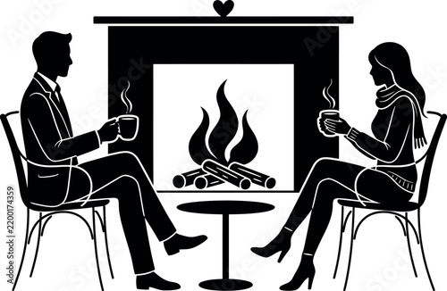 Black and white silhouette of a romantic couple sitting by a cozy fireplace together