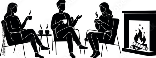 A group of friends sitting together near a fireplace, enjoying hot drinks and conversation.