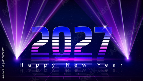 Happy New Year 2027, 27. Retro futuristic tech design in 80s style. New Year greeting card. Purple magenta blue numbers 2027, laser beams, starry sky background. Neon color. Vector illustration
