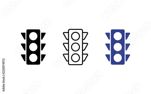 Traffic light icon set in different styles, minimalist stoplight symbols for navigation and transport UI, black and blue vector signs on white background