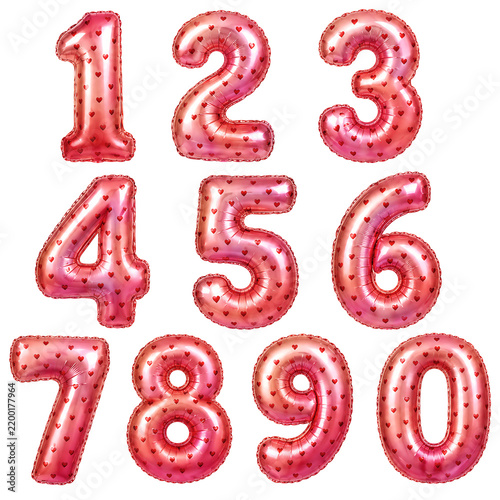 3D Pink Foil Balloon Number Set Isolated PNG Cutout on White Background. ,1,2,3,4,5,6,7,8,9,