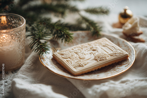 Traditional Polish Christmas wafer with embossed nativity scene on white linen napkin with elegant porcelain plate