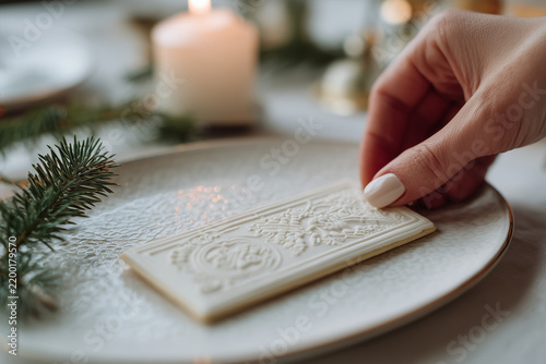 Traditional Polish Christmas wafer with embossed nativity scene on white linen napkin with elegant porcelain plate