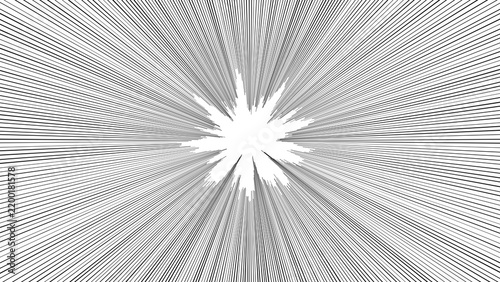 Manga speed lines background, explosive radial zoom effect for comic books, monochrome motion blur sunburst pattern, abstract action rays