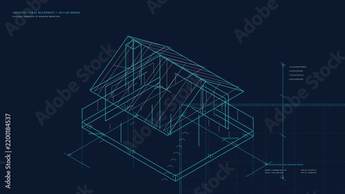 Abstract digital 3d architectural model construction, data points forming building structure, blue and white lights on dark background, technology concept