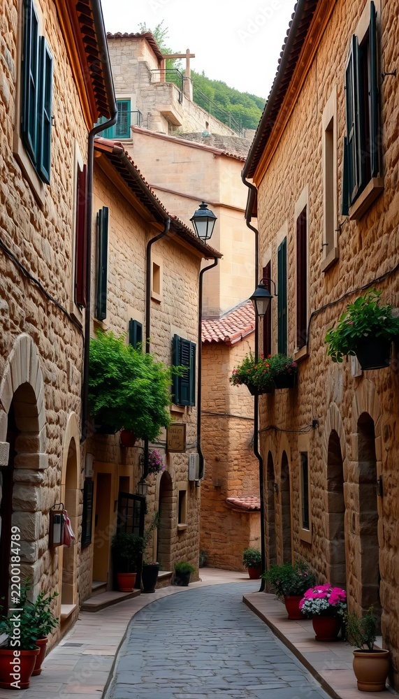 Fototapeta premium Village streets lined with ancient stone buildings, rustic charm, ancient architecture