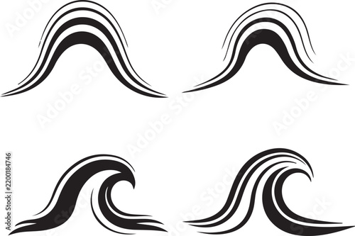 Black wave silhouette vector design set with abstract sea water curves on white background
