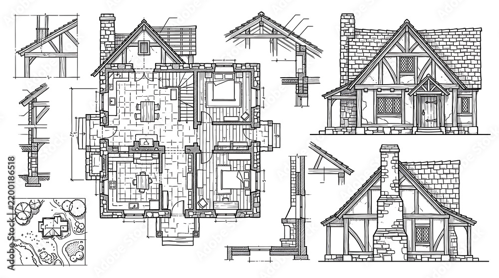 Fototapeta premium Detailed Medieval Cottage Architectural Concept Drawing with Floor Plan and Elevations Isolated on Transparent background png