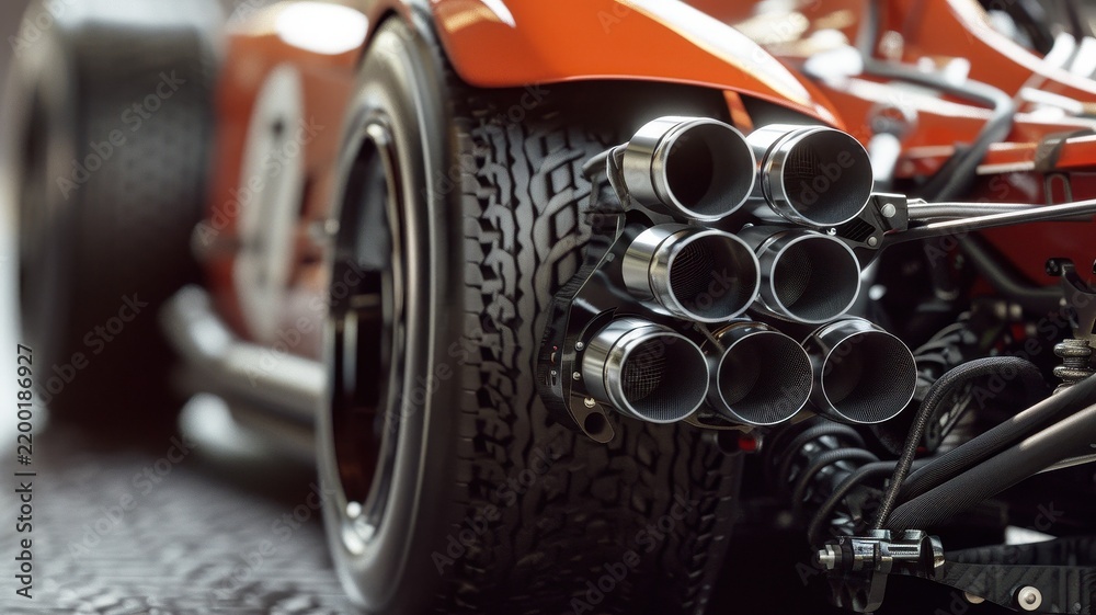 Fototapeta premium This close-up image showcases the detailed design of a race car's exhaust system, highlighting the complex engineering and performance aspects essential for racing.