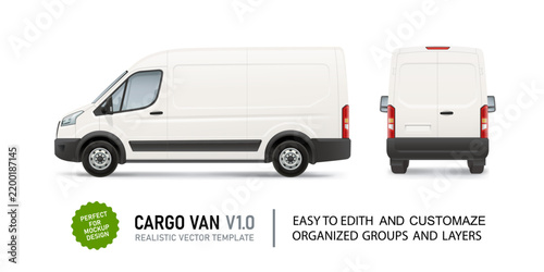 High roof cargo van vector mockup with side and rear view. Editable delivery vehicle template for branding, fleet wraps, transport graphics and advertising design