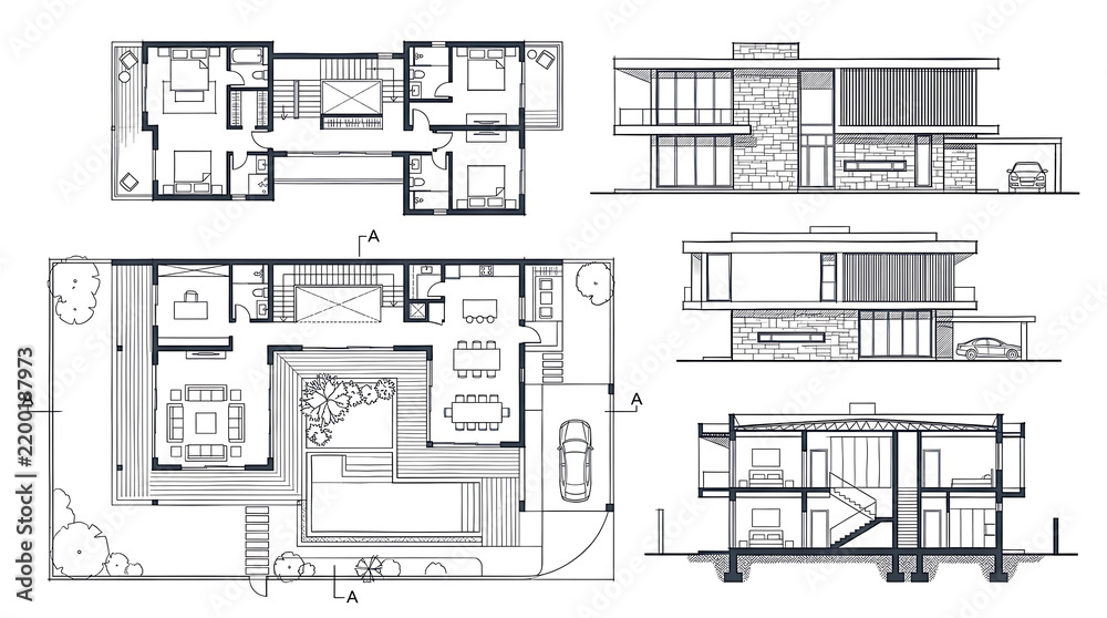 Fototapeta premium Modern House Architectural Blueprints and Floor Plans Collection Isolated on Transparent background png Vector Illustration