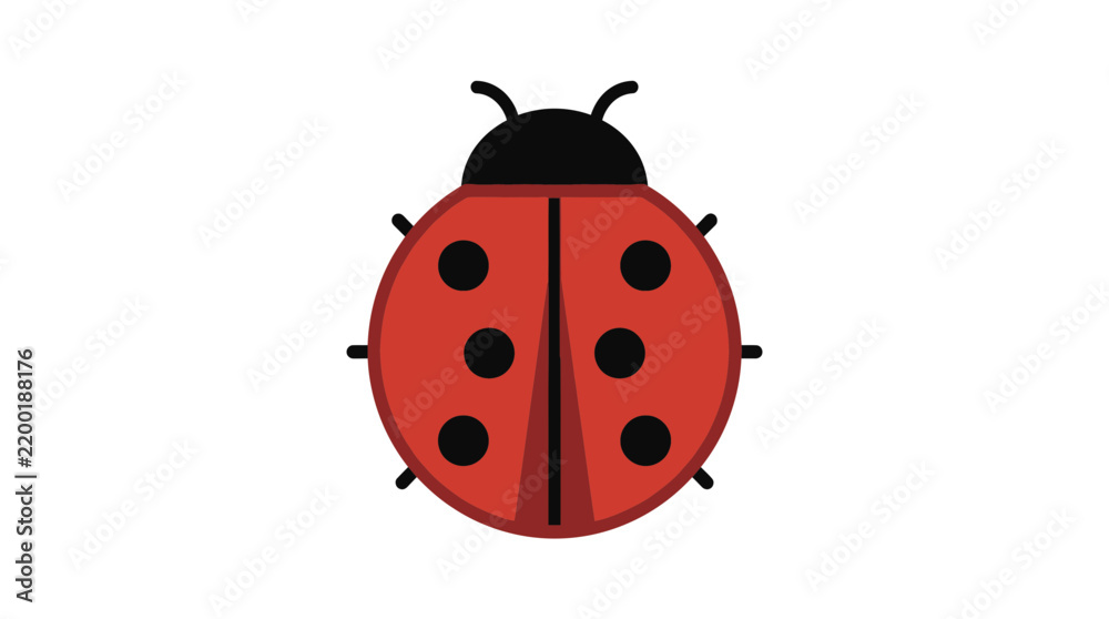 Fototapeta premium A simple, flat illustration of a red ladybug with black spots and antennae on a white background.