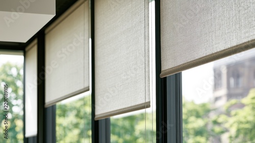 Modern window roller shades provide shade and privacy in a bright office. Ideal for interior design and home.