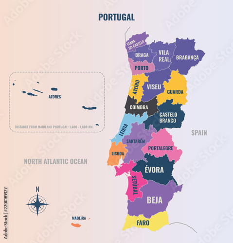 portugal Country into Town in a minimalist colorful style map showing