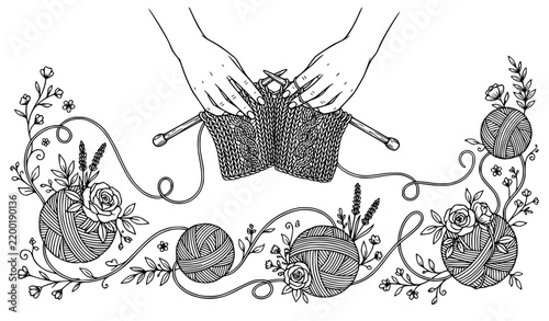 Handmade Knitting Hands Floral Yarn and Botanical Craft Vector Illustration