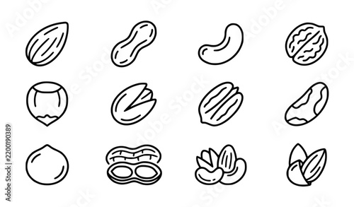 Nuts line art almond peanut cashew and mixed nut vector icon set