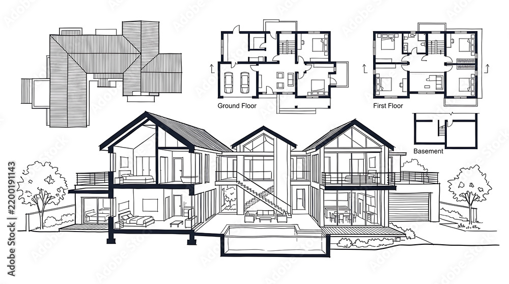 Obraz premium Architectural house plans and section views vector drawing, Isolated on Transparent background png