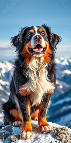 Furry Bernese Mountain Dog standing on a snowy mountain peak, ||slopes, mountainside