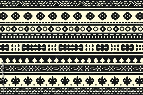 A tribal geometric seamless pattern of alternating bands of intricate, mudcloth inspired dots, dashes, and reindeer tracks in black and white.