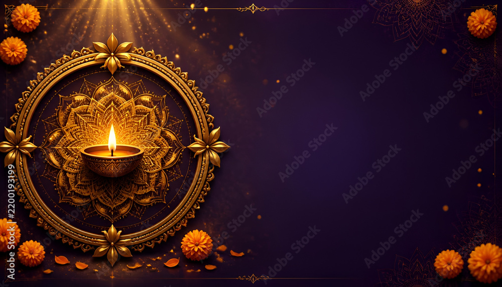 Fototapeta premium Golden ornamental mandala frame with glowing diya oil lamp on deep purple background