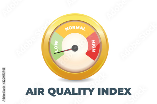 Air Quality Index gauge showing air pollution level, air quality measurement scale and pollution indicator.