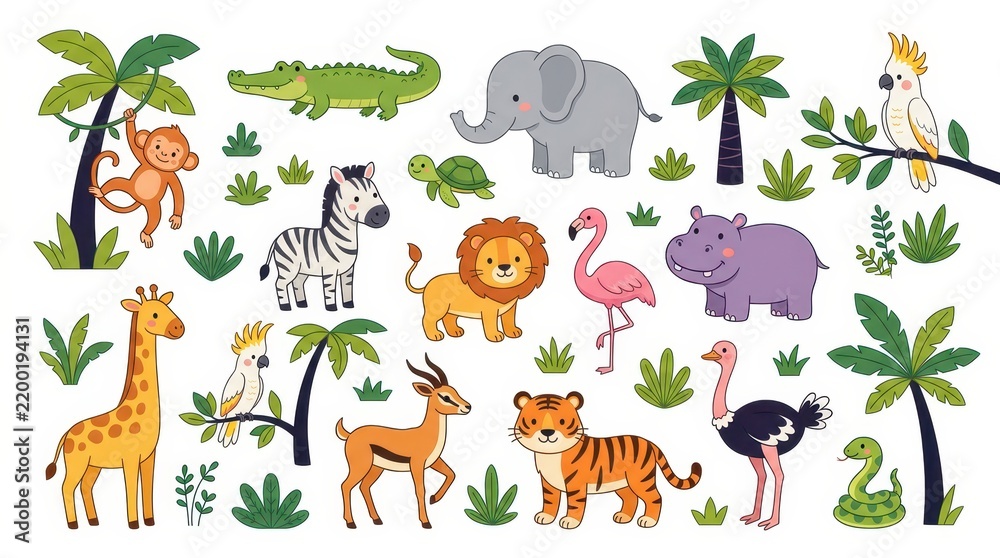 Fototapeta premium Cute Cartoon Wild Animal Collection with Jungle Plants and Tropical Trees Isolated on White Background for Kids Education