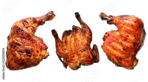 Whole and cut roasted grilled chicken pieces isolated on transparent background