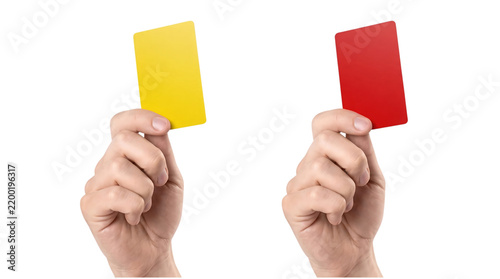 Referee hands showing yellow and red penalty cards isolated on transparent background