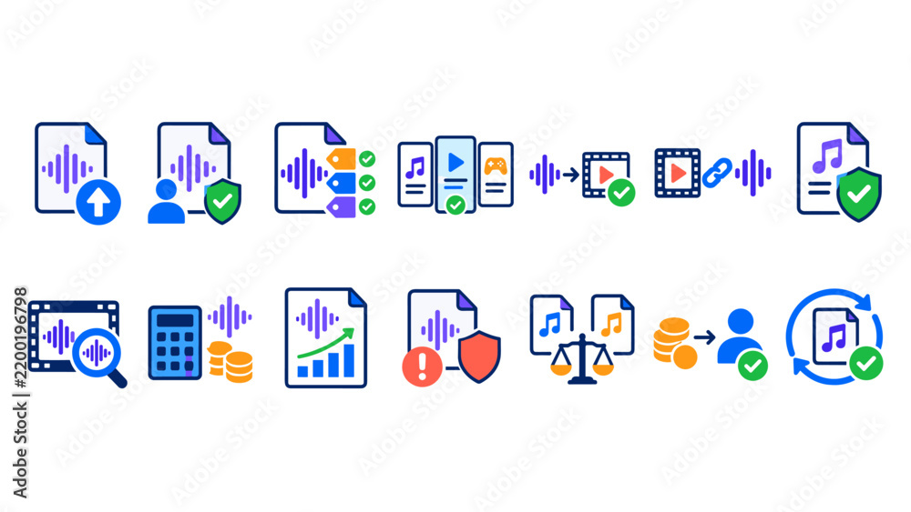 Fototapeta premium Audio Licensing and Royalty Management Icon Set – Music Files, Rights, Payments and Verification