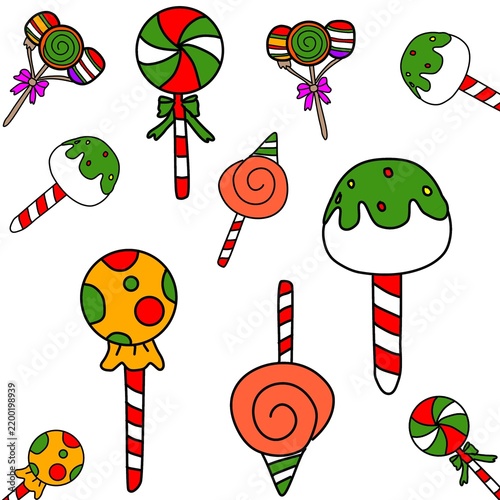 Hand Drawn Colorful Christmas Candy and Lollipop Pattern on White Background