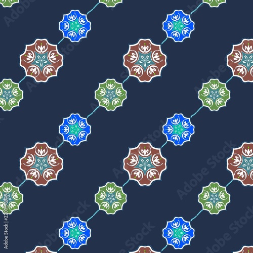 Colorful Floral Medallion Seamless Pattern on Dark Blue Background