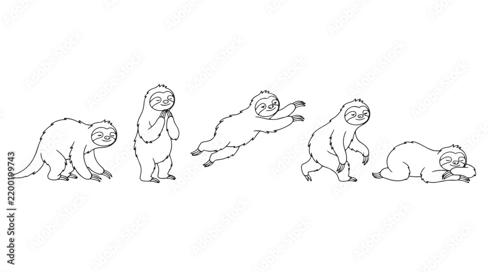 Fototapeta premium Minimalist sloth character set with 5 vector line art poses, cute sloth illustrations for coloring books, funny animal cartoon collection isolated on Transparent Background