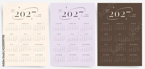 One Page Calendar 2027. Calendar templates 2027 for wall and desk use. Set of ready to print annual layouts. Aesthetic 2027 calendar.	