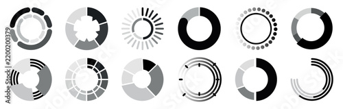 Circular loading indicators collection with segmented rings, radial lines and monochrome progress