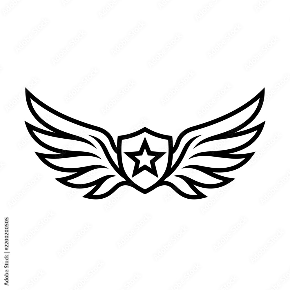 Fototapeta premium Black and white line art shield emblem with wings and a star in the center winged shield wing motif