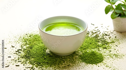 Organic Japanese Matcha Green Tea in a White Ceramic Bowl with Scattered Powder and Fresh Mint Leaves on Table