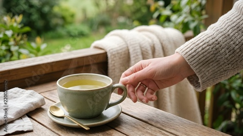 Relaxing moment with a cup of hot green tea on a wooden balcony table with soft blanket and 3D GIS integration background concept