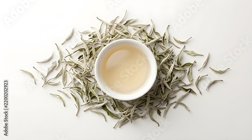 Abstract overhead view of white tea leaves and brewed tea in a bowl for 3D GIS mapping analysis of agricultural crops