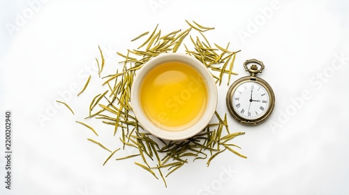 Fresh green tea infusion with dried leaves and an antique pocket watch for a 3D GIS concept of time management