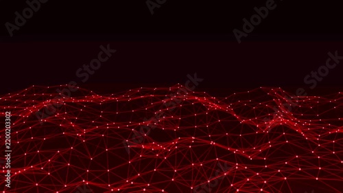 Abstract red glowing network lines and dots forming a digital wave landscape on dark background data connection plexus structure cyber