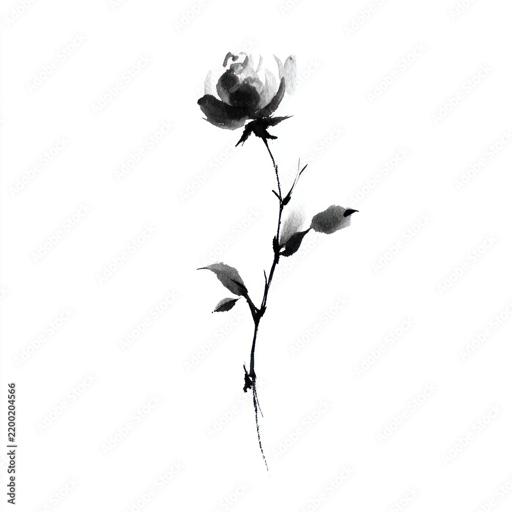 Obraz premium Minimalist black ink illustration of a single rose on a white background.