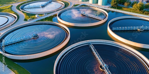 Aerial view of circular water treatment tanks with rippling blue water and industrial equipment at golden hour